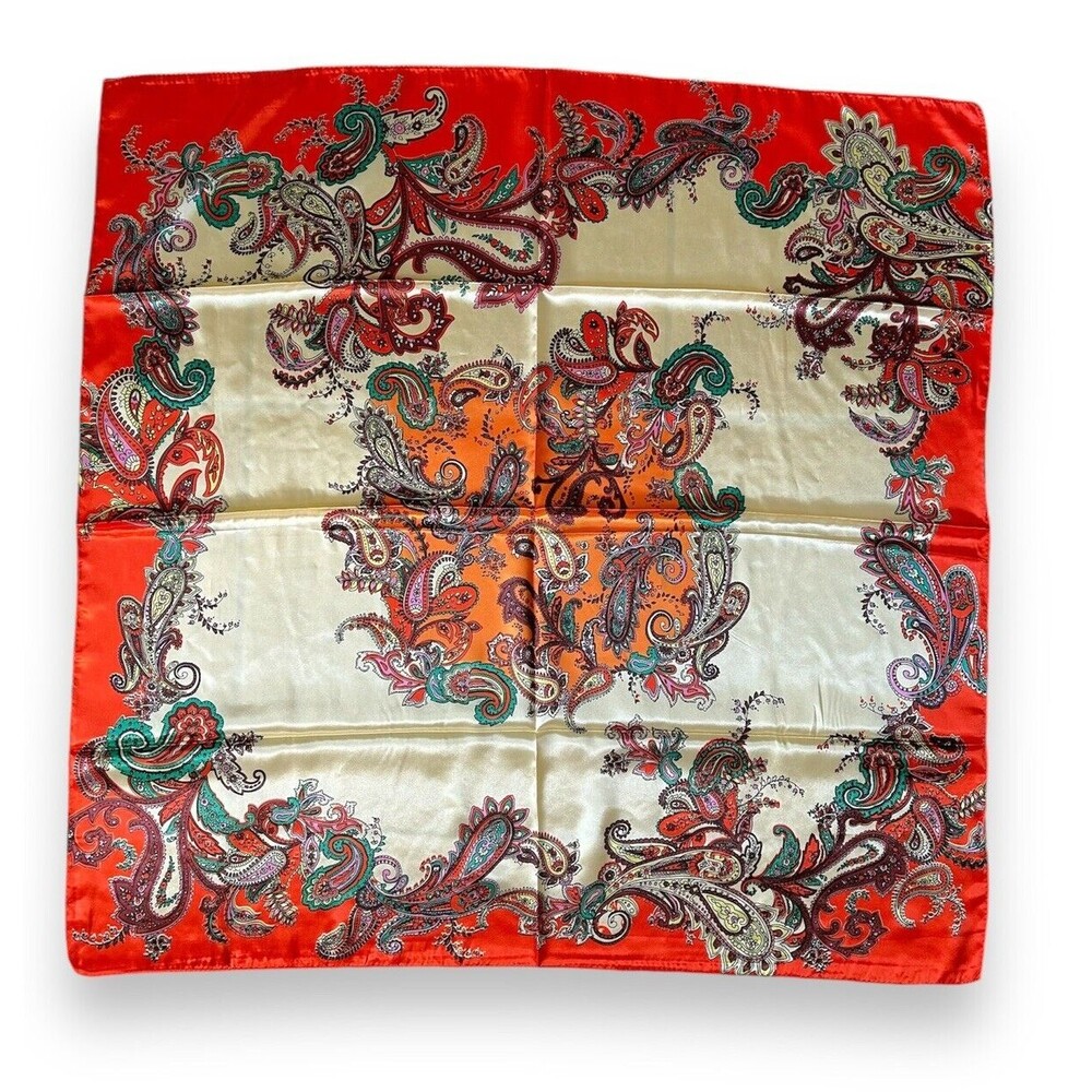 Orange Beige Paisley Square Scarf 35” X 35” Women Headscarf Scarve